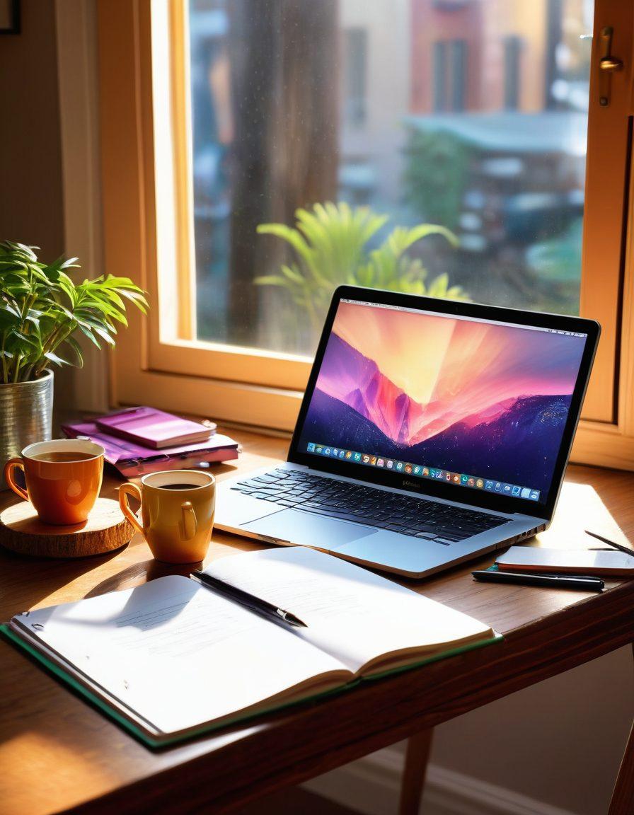 A vibrant digital workspace filled with colorful notebooks, pens, and a glowing laptop screen displaying an inspiring blog post. Surroundings include artistic elements like sketches and paintings representing creativity, with light streaming in through a nearby window. A coffee cup with swirling steam adds warmth and comfort. The atmosphere is lively and encouraging, inviting the viewer to ignite their creativity. super-realistic. vibrant colors. warm lighting.