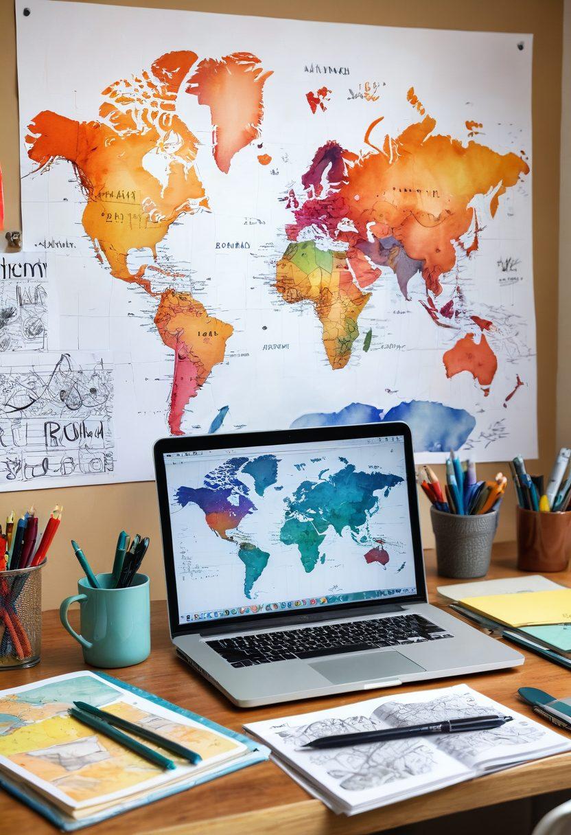 A creative workspace filled with colorful notebooks, scattered sketches, and a laptop displaying dynamic graphs and engaging online content. In the background, an inspiring world map made of words showcases global connectivity and creativity. A warm light casts a cozy atmosphere, igniting ideas and imagination. watercolor style. vibrant colors. warm tones.