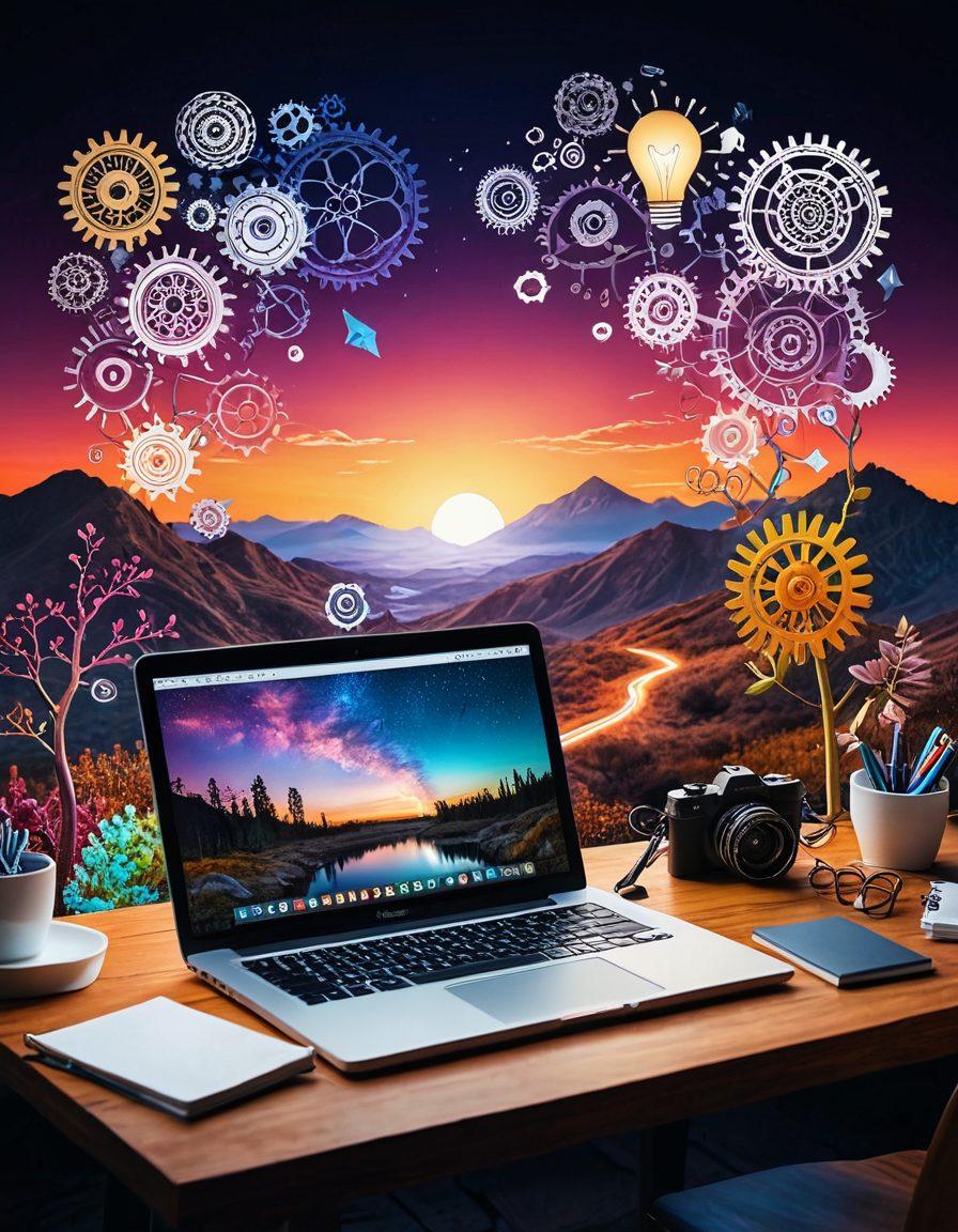 A vibrant digital landscape with a winding path symbolizing the blogging journey, featuring various tools like a laptop, notebook, and camera along the way. Include elements of creativity such as light bulbs, gears, and digital screens displaying blog stats. The sky should blend day and night, illustrating the dynamic nature of blogging. super-realistic. vibrant colors. 3D.